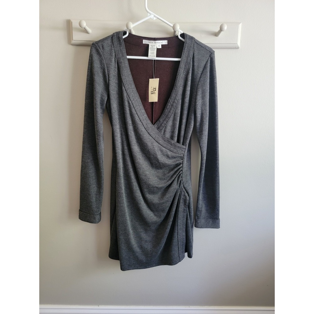 NWT Max Studio Medium Faux L/S Wrap Dress Charcoal Gray Professional Work Career